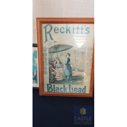 751J - 3 x Pictures Consisting Of, Framed Vintage Reckitts Black Lead Advertising Print. (Approx. 68cm x 50... 