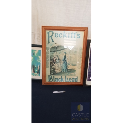 751J - 3 x Pictures Consisting Of, Framed Vintage Reckitts Black Lead Advertising Print. (Approx. 68cm x 50... 