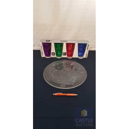 799J - Set Of Four Boxed Multi Colour Christmas Design Glasses, Together With A Christmas Glass Plate.