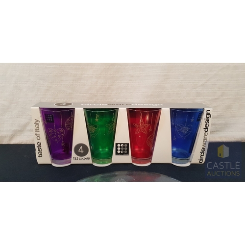 799J - Set Of Four Boxed Multi Colour Christmas Design Glasses, Together With A Christmas Glass Plate.