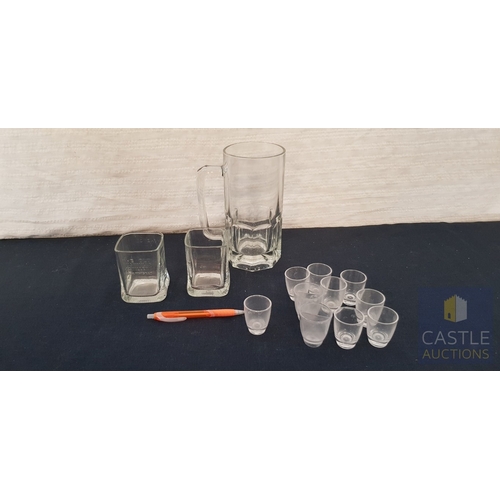 802J - Large Glass Beer Mug, 2 x Glass Whiskey Tumblers,
Together With 10 x Plastic Shot Glasses.