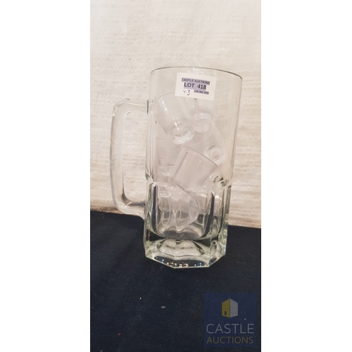 802J - Large Glass Beer Mug, 2 x Glass Whiskey Tumblers,
Together With 10 x Plastic Shot Glasses.