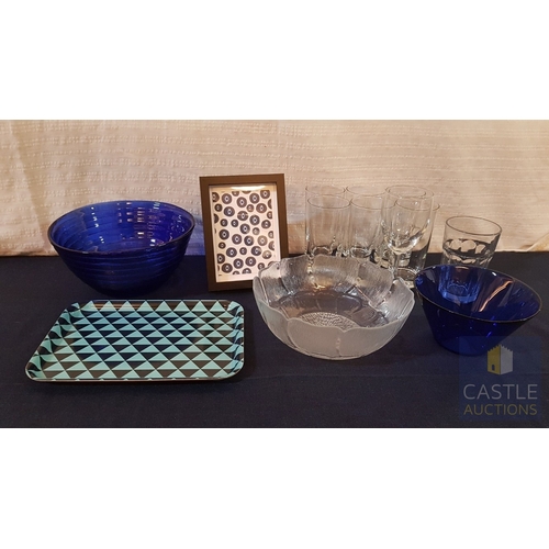811J - Assorted Kitchen Collection; Set of 6x Ordinary Water Glasses, Royal Blue Glasses Bowls, Floral Shap... 