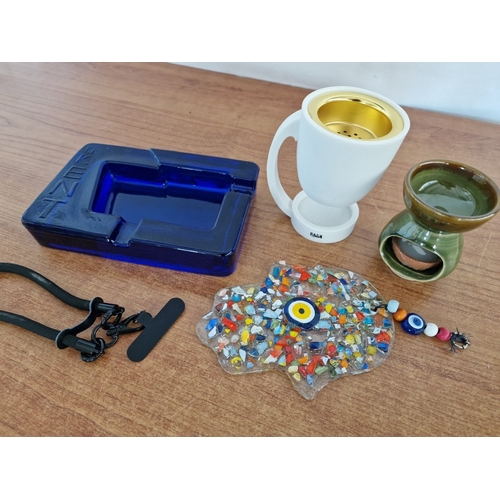 817J - Heavy Blue Glass Ashtray, with Angular Design, Multi-Colour Hanging Mosaic Glass 'Hand of Fatima' / ... 