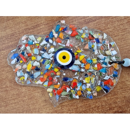 817J - Heavy Blue Glass Ashtray, with Angular Design, Multi-Colour Hanging Mosaic Glass 'Hand of Fatima' / ... 
