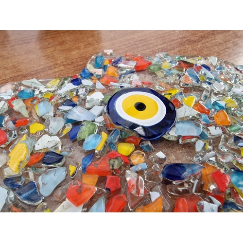 817J - Heavy Blue Glass Ashtray, with Angular Design, Multi-Colour Hanging Mosaic Glass 'Hand of Fatima' / ... 