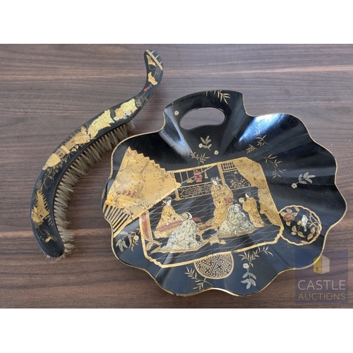575M - Black Japanese / Chinese Chinoiserie Crumb Tray & Brush Set; Scalloped Shaped with Curved Brush, Dec... 