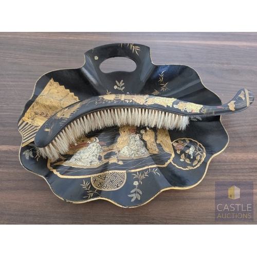 575M - Black Japanese / Chinese Chinoiserie Crumb Tray & Brush Set; Scalloped Shaped with Curved Brush, Dec... 