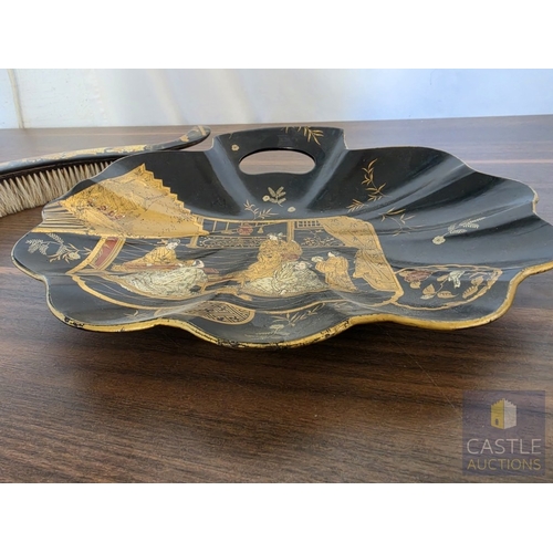 575M - Black Japanese / Chinese Chinoiserie Crumb Tray & Brush Set; Scalloped Shaped with Curved Brush, Dec... 