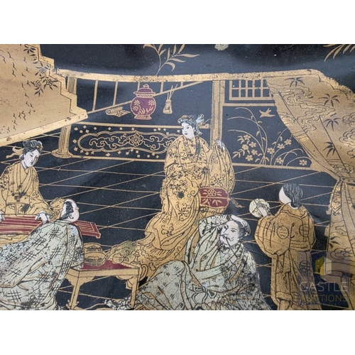 575M - Black Japanese / Chinese Chinoiserie Crumb Tray & Brush Set; Scalloped Shaped with Curved Brush, Dec... 