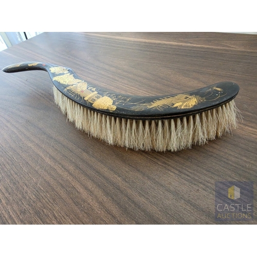 575M - Black Japanese / Chinese Chinoiserie Crumb Tray & Brush Set; Scalloped Shaped with Curved Brush, Dec... 
