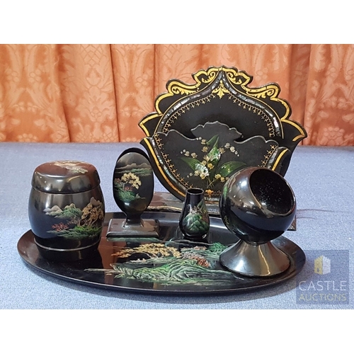 577M - Rare Complete Vintage Chinese Lacquerware Smoking Set/Desk Organizer (5x Pieces), Circa 40s, Hand Pa... 