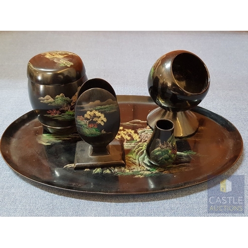 577M - Rare Complete Vintage Chinese Lacquerware Smoking Set/Desk Organizer (5x Pieces), Circa 40s, Hand Pa... 