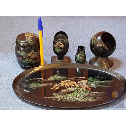 577M - Rare Complete Vintage Chinese Lacquerware Smoking Set/Desk Organizer (5x Pieces), Circa 40s, Hand Pa... 