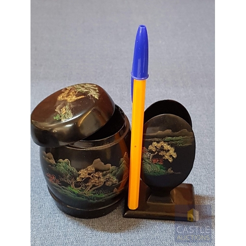 577M - Rare Complete Vintage Chinese Lacquerware Smoking Set/Desk Organizer (5x Pieces), Circa 40s, Hand Pa... 