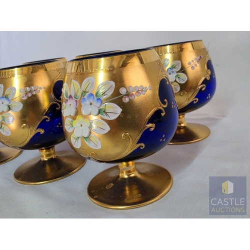 586M - Set of 6 x Stunning Bohemian Style Art Glass Brandy Balloons / Goblets, Hand Painted Cobalt Blue Gla... 