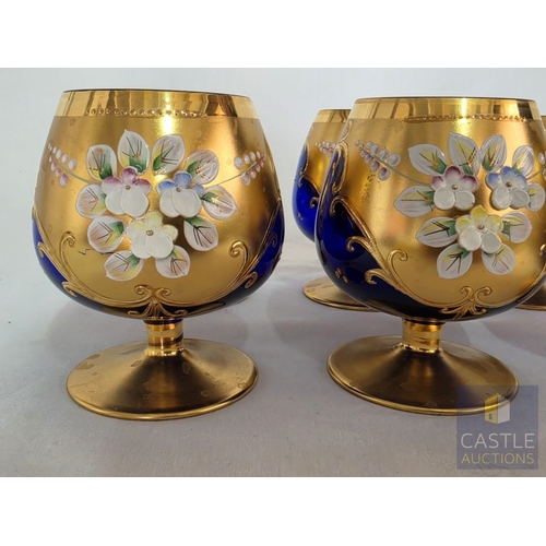 586M - Set of 6 x Stunning Bohemian Style Art Glass Brandy Balloons / Goblets, Hand Painted Cobalt Blue Gla... 