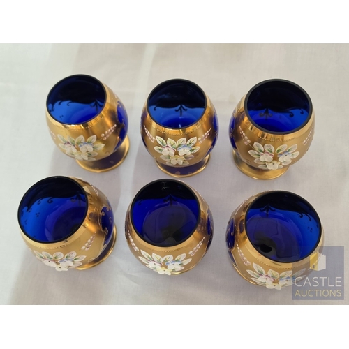 586M - Set of 6 x Stunning Bohemian Style Art Glass Brandy Balloons / Goblets, Hand Painted Cobalt Blue Gla... 