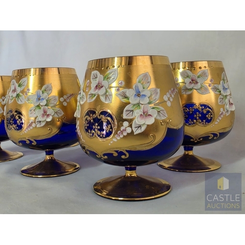 587M - Set of 6 x Stunning Bohemian Style Art Glass Brandy Balloons / Goblets, Hand Painted Cobalt Blue Gla... 