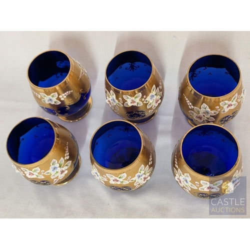 587M - Set of 6 x Stunning Bohemian Style Art Glass Brandy Balloons / Goblets, Hand Painted Cobalt Blue Gla... 