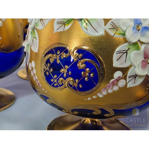 587M - Set of 6 x Stunning Bohemian Style Art Glass Brandy Balloons / Goblets, Hand Painted Cobalt Blue Gla... 