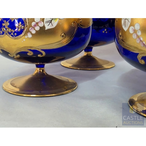 587M - Set of 6 x Stunning Bohemian Style Art Glass Brandy Balloons / Goblets, Hand Painted Cobalt Blue Gla... 