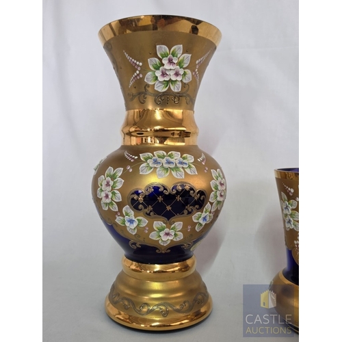 588M - Stunning Bohemian Style Art Glass Five-Piece Set, Hand Painted Cobalt Blue Glass with Gilt and Raise... 