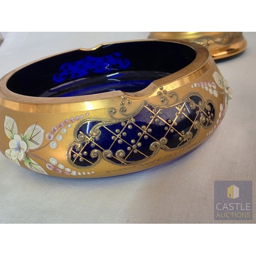 588M - Stunning Bohemian Style Art Glass Five-Piece Set, Hand Painted Cobalt Blue Glass with Gilt and Raise... 