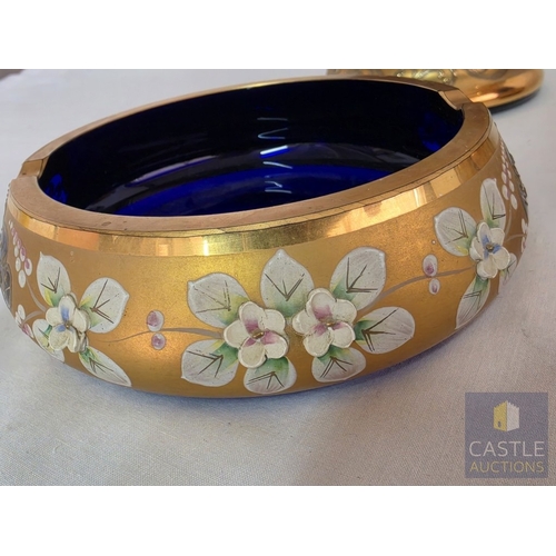 588M - Stunning Bohemian Style Art Glass Five-Piece Set, Hand Painted Cobalt Blue Glass with Gilt and Raise... 