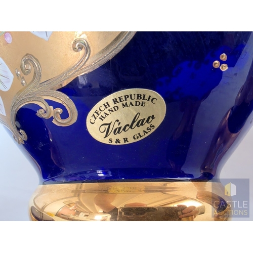 588M - Stunning Bohemian Style Art Glass Five-Piece Set, Hand Painted Cobalt Blue Glass with Gilt and Raise... 