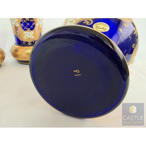 588M - Stunning Bohemian Style Art Glass Five-Piece Set, Hand Painted Cobalt Blue Glass with Gilt and Raise... 