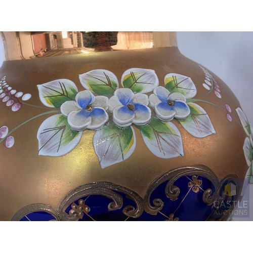 588M - Stunning Bohemian Style Art Glass Five-Piece Set, Hand Painted Cobalt Blue Glass with Gilt and Raise... 