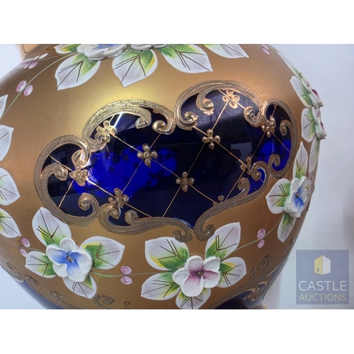 588M - Stunning Bohemian Style Art Glass Five-Piece Set, Hand Painted Cobalt Blue Glass with Gilt and Raise... 