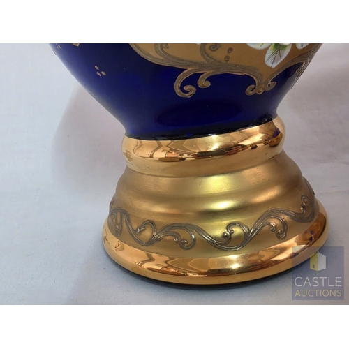 588M - Stunning Bohemian Style Art Glass Five-Piece Set, Hand Painted Cobalt Blue Glass with Gilt and Raise... 