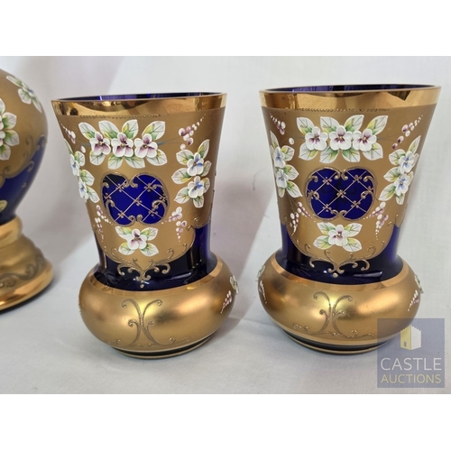 588M - Stunning Bohemian Style Art Glass Five-Piece Set, Hand Painted Cobalt Blue Glass with Gilt and Raise... 