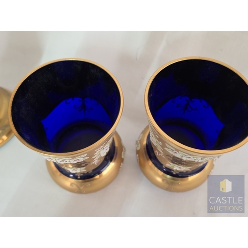 588M - Stunning Bohemian Style Art Glass Five-Piece Set, Hand Painted Cobalt Blue Glass with Gilt and Raise... 