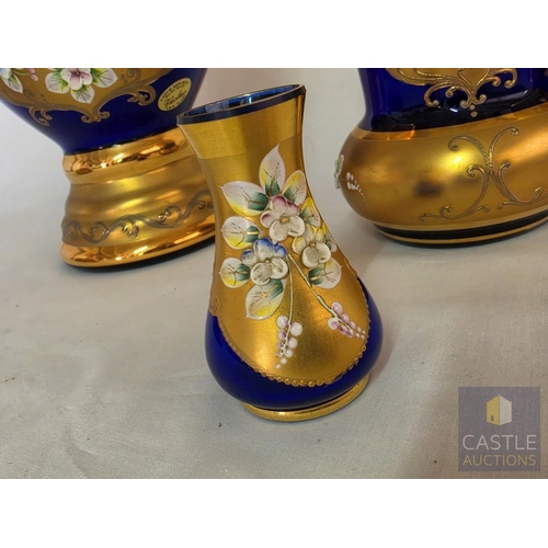 588M - Stunning Bohemian Style Art Glass Five-Piece Set, Hand Painted Cobalt Blue Glass with Gilt and Raise... 