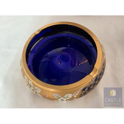 588M - Stunning Bohemian Style Art Glass Five-Piece Set, Hand Painted Cobalt Blue Glass with Gilt and Raise... 