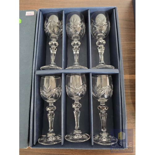 590M - 2 x Boxes of 6 'Mirell' Bohemia Crystal Glasses; Cordial / Liqueur (60ml) and Wine Goblet (220ml), M... 