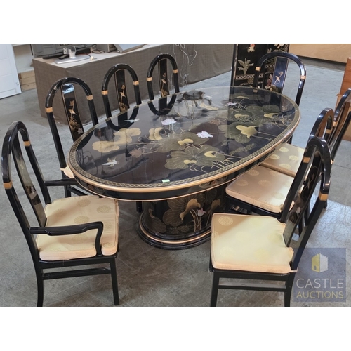 592M - Chinese Black Lacquer Dining Suite, Comprising an Oval Dining Table Over a Feature Pedestal Base, Or... 