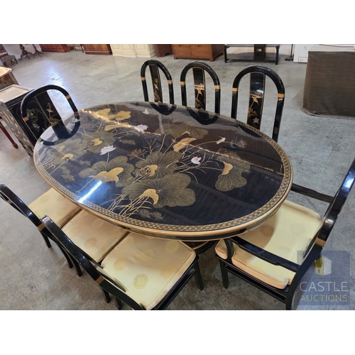 592M - Chinese Black Lacquer Dining Suite, Comprising an Oval Dining Table Over a Feature Pedestal Base, Or... 