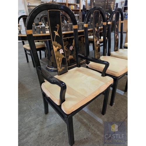 592M - Chinese Black Lacquer Dining Suite, Comprising an Oval Dining Table Over a Feature Pedestal Base, Or... 