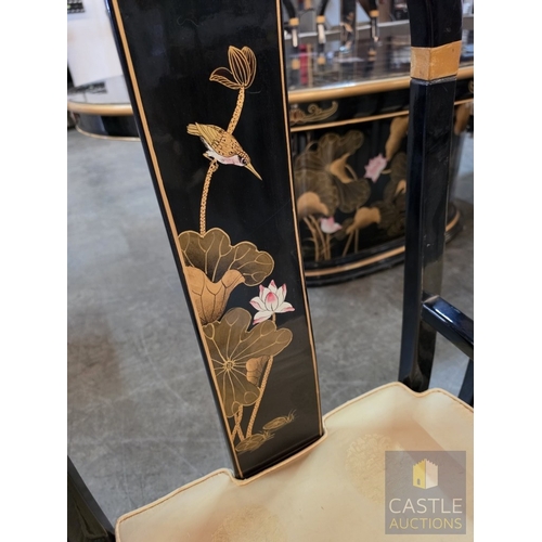 592M - Chinese Black Lacquer Dining Suite, Comprising an Oval Dining Table Over a Feature Pedestal Base, Or... 