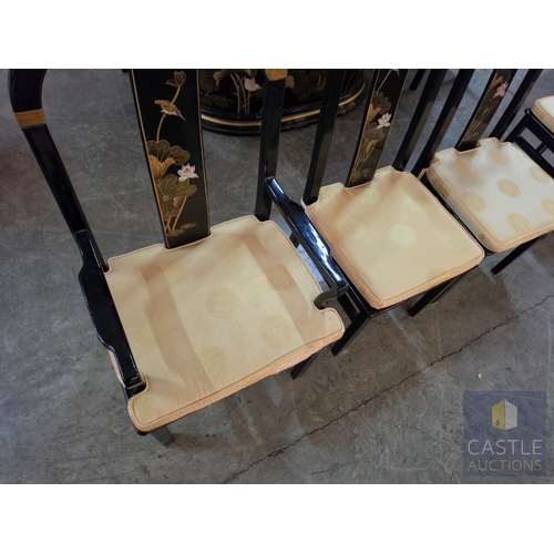 592M - Chinese Black Lacquer Dining Suite, Comprising an Oval Dining Table Over a Feature Pedestal Base, Or... 