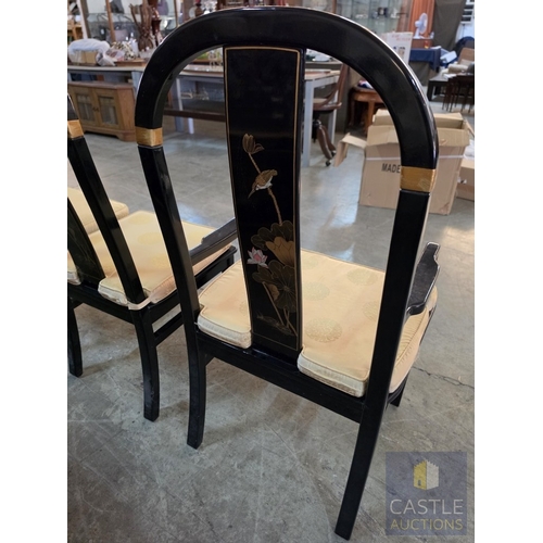 592M - Chinese Black Lacquer Dining Suite, Comprising an Oval Dining Table Over a Feature Pedestal Base, Or... 