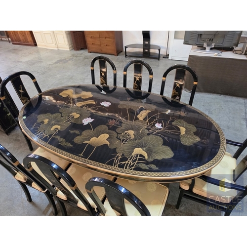 592M - Chinese Black Lacquer Dining Suite, Comprising an Oval Dining Table Over a Feature Pedestal Base, Or... 