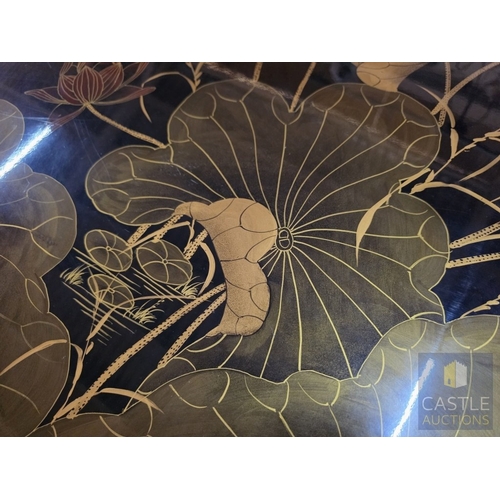 592M - Chinese Black Lacquer Dining Suite, Comprising an Oval Dining Table Over a Feature Pedestal Base, Or... 