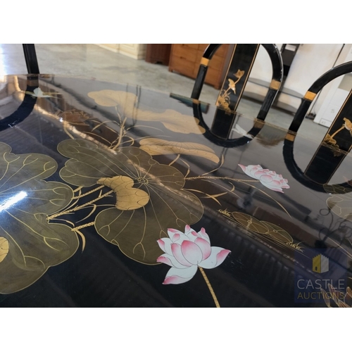 592M - Chinese Black Lacquer Dining Suite, Comprising an Oval Dining Table Over a Feature Pedestal Base, Or... 