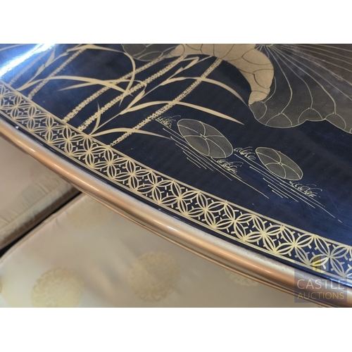 592M - Chinese Black Lacquer Dining Suite, Comprising an Oval Dining Table Over a Feature Pedestal Base, Or... 