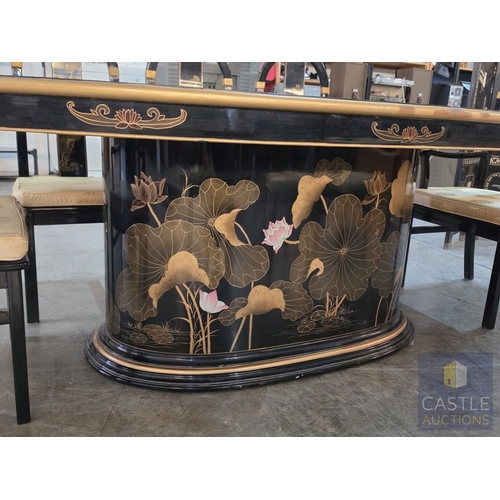 592M - Chinese Black Lacquer Dining Suite, Comprising an Oval Dining Table Over a Feature Pedestal Base, Or... 